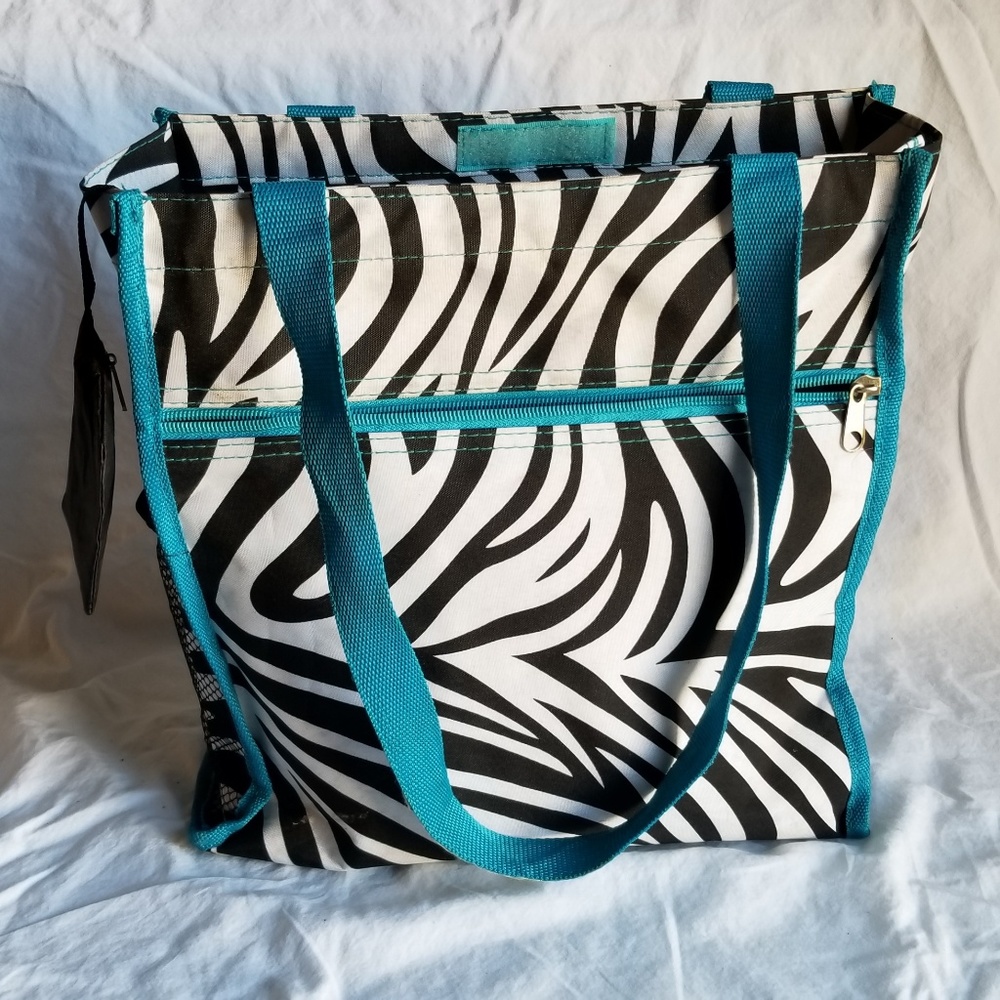 Zebra striped, teal blue shoulder bag